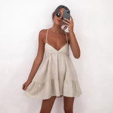 Early Retro A line Slip Dress Pleated Cotton Linen V neck Dress